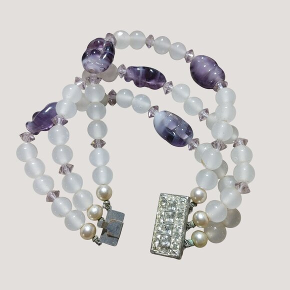 Purple Glass Beaded Bracelet Rhinestone Vintage Triple Strand White Clasp Pearl - Picture 1 of 12